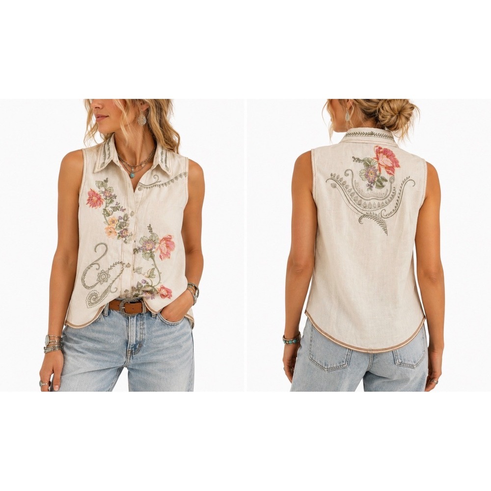 VTG Boho Western 100% Linen Embroidered Floral Prairie Sleeveless Top M Cream